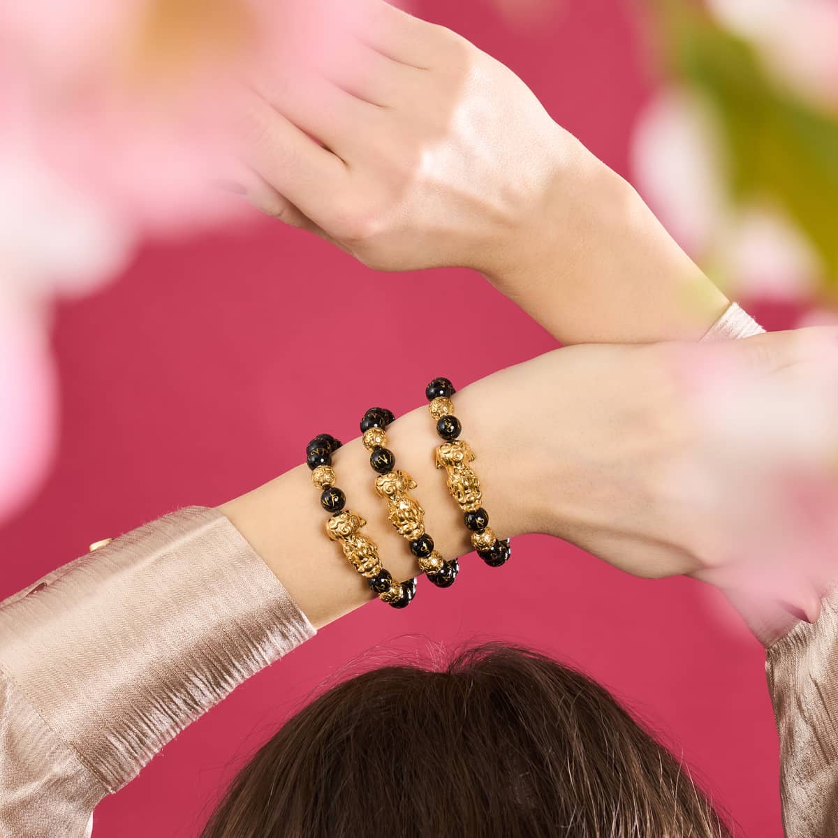 Pixiu Feng Shui Armband | Kohlenstoffelement | Schwarzer Achat x 18 Karat Gold